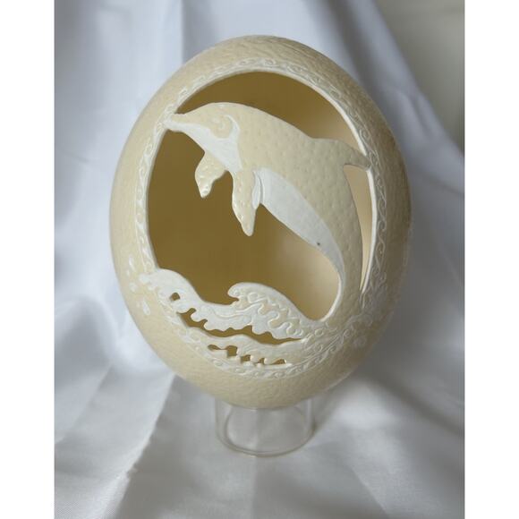 Beautiful Carved Ostrich Egg Jumping Dolphin With Acrylic Stand